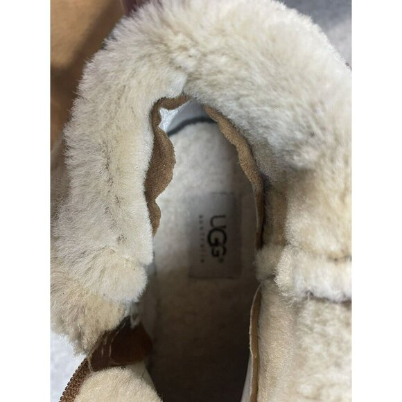 UGG Sandra Knee High Wedge Boots Women 9 Brown Leather Shearling Lined Fold Down - Picture 4 of 16